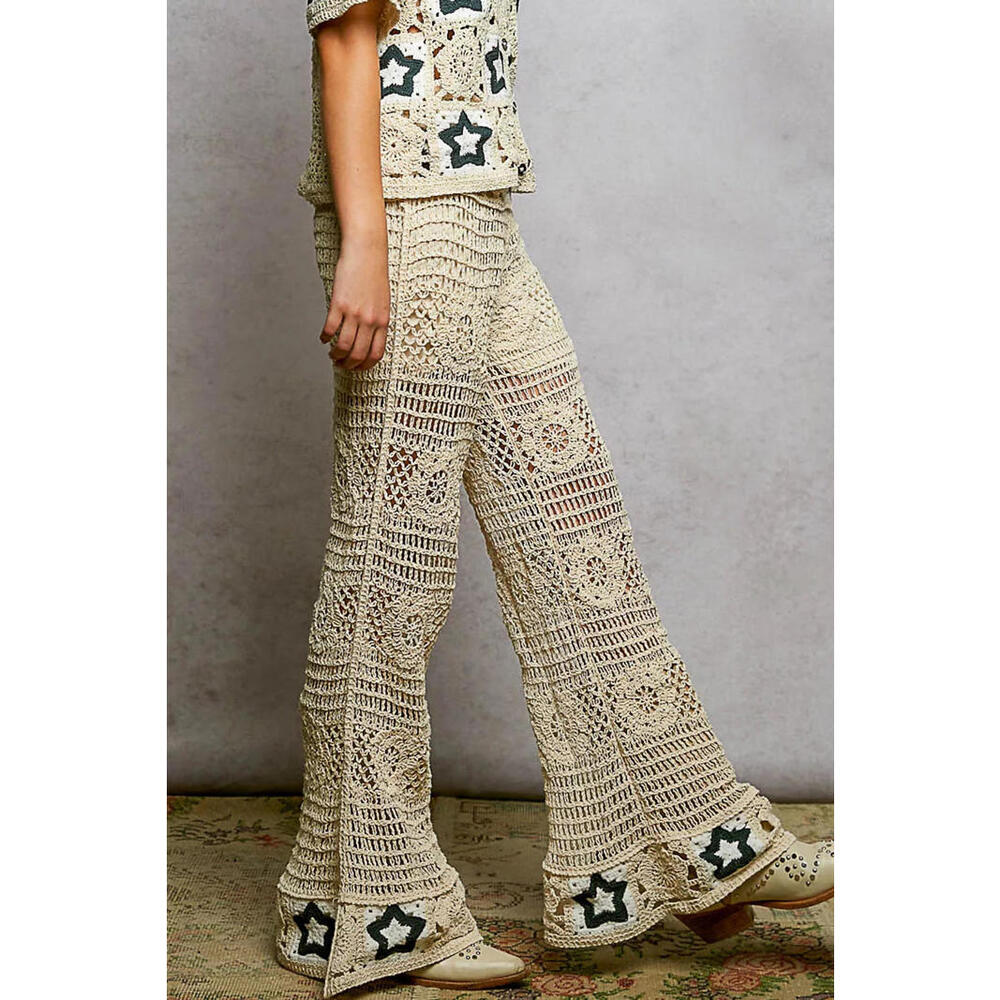 Pol Openwork Crochet Flare Pants With Contrast Star View 2